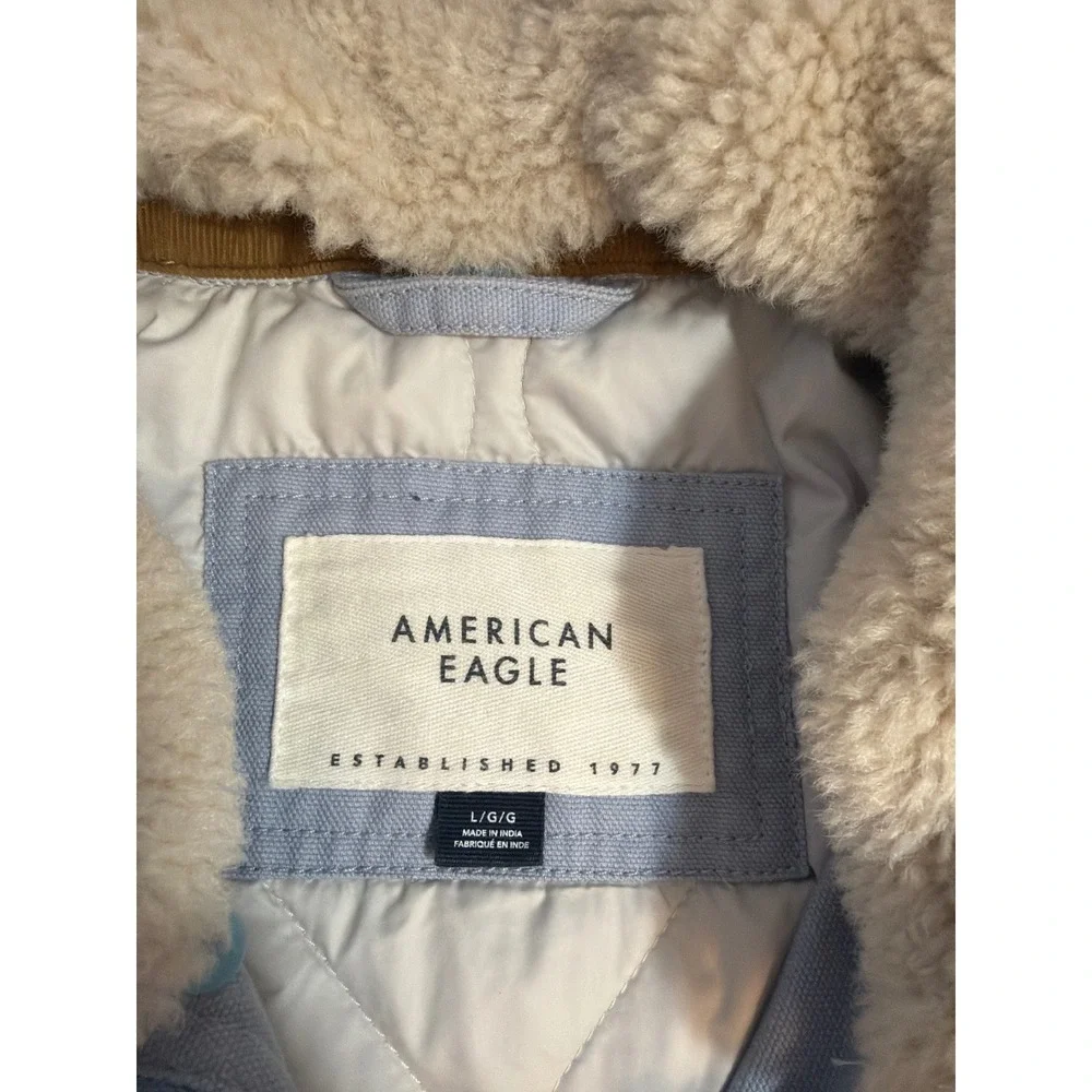 American Eagle Utility Jacket Women's Lg Blue Sherpa‎ Collar Canvas Zip